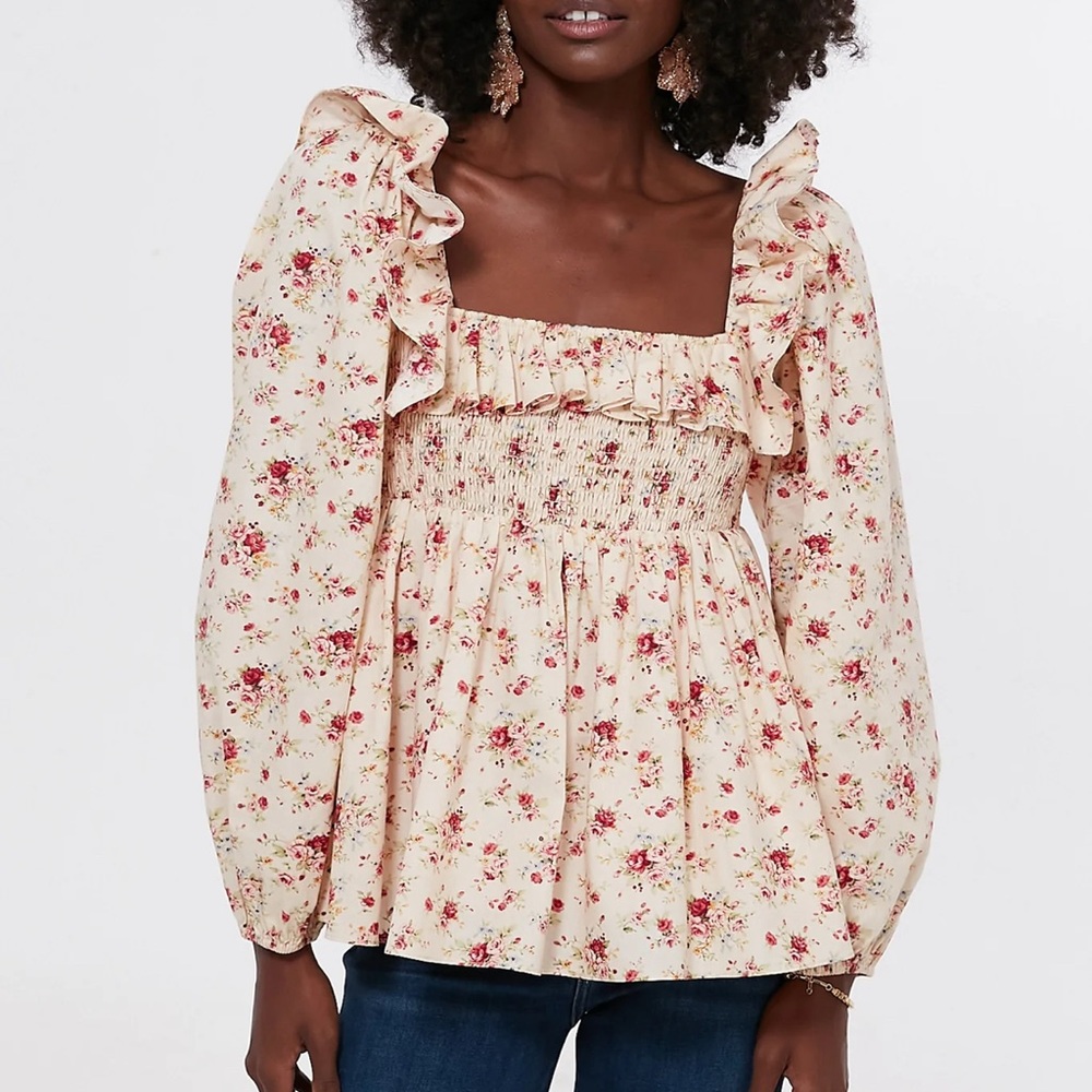 NWT! Hyacinth House - Cream Floral Ruffle Sleeve Addison Blouse - S